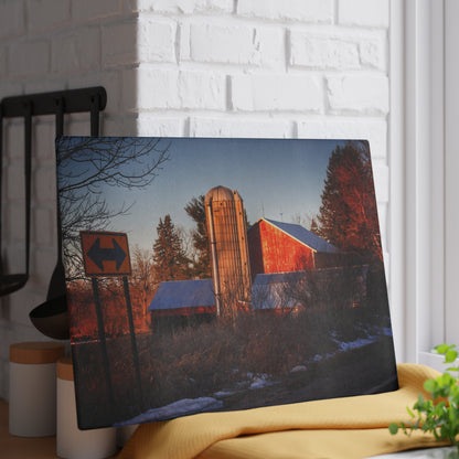U R There Photography Mount Morris Road Reds and Silo in Winter Rustic Farmhouse Tempered-Glass Cutting Board