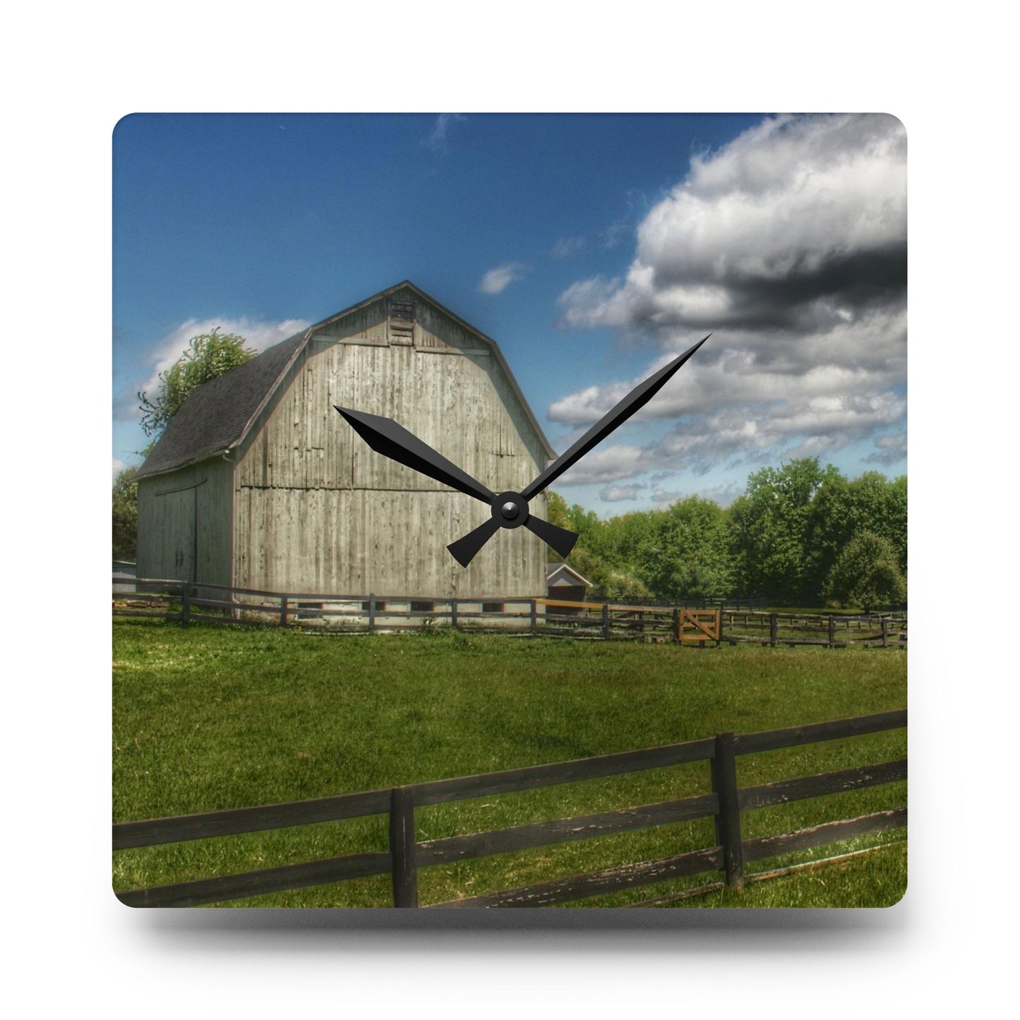 Barn Boutique Rustic Acrylic Analog Wall Clock| White Barn on Sunny Day