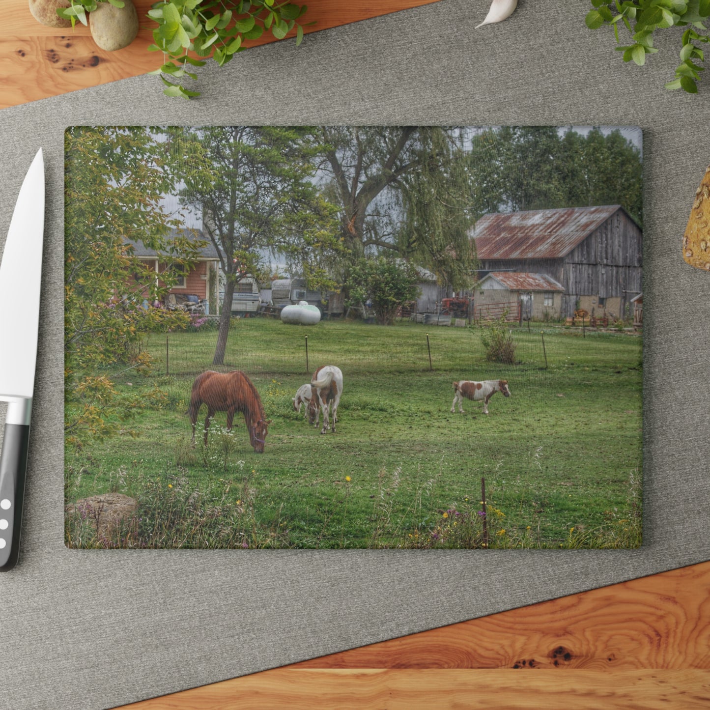 U R There Photography Front Yard Ponies Rustic Farmhouse Tempered-Glass Cutting Board