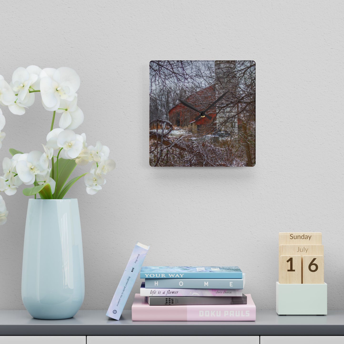 U R There Photography Sandhill Road Hidden Red I Rustic Farmhouse Acrylic Analog Wall Clock