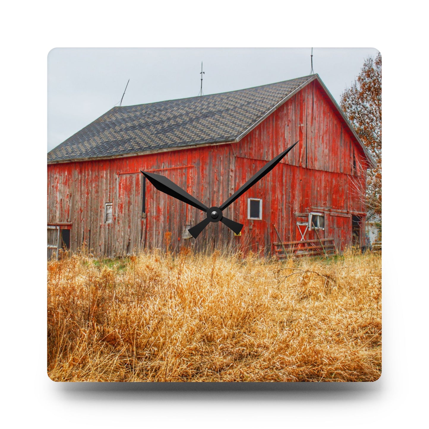 U R There Photography Harrington Road Red Rustic Farmhouse Acrylic Analog Wall Clock