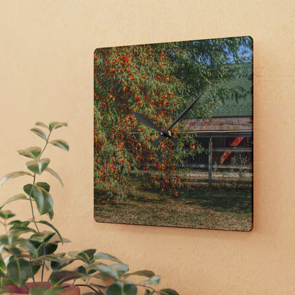 U R There Photography Farrand Road Red Coral by Flowering Tree Rustic Farmhouse Acrylic Analog Wall Clock