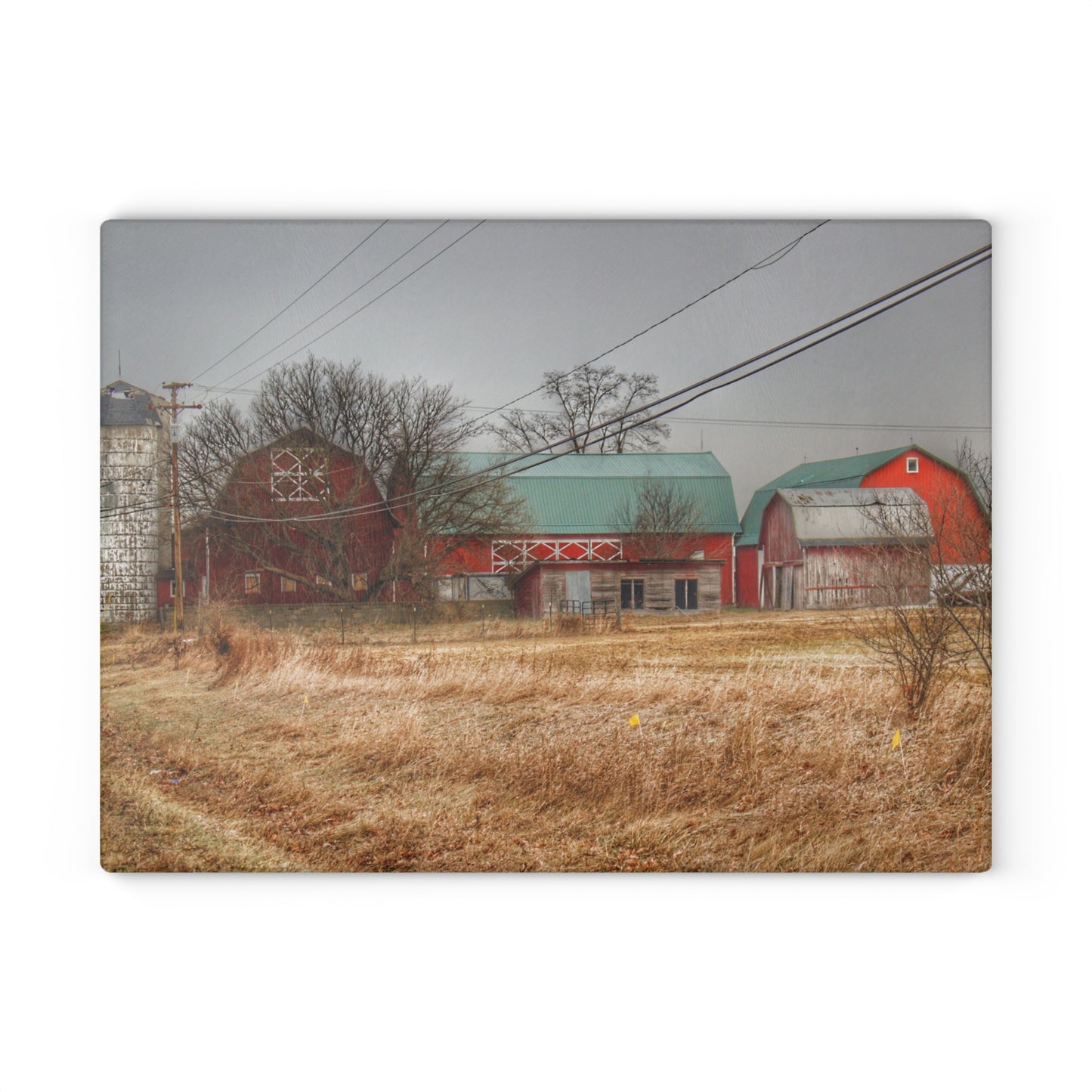 U R There Photography Mound Road Reds and Silo Rustic Farmhouse Tempered-Glass Cutting Board