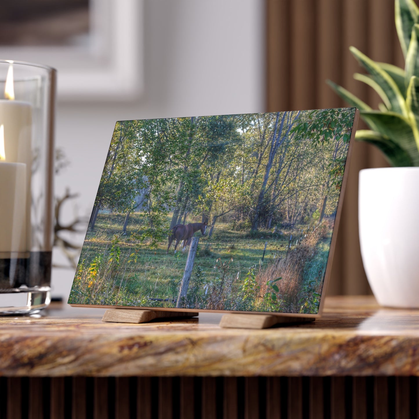 U R There Photography Chestnut Horse Among the Trees Rustic Farmhouse Decorative Ceramic Tile