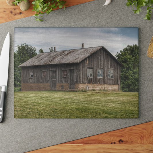 U R There Photography West Tuscola Road Grey Shack I Rustic Farmhouse Tempered-Glass Cutting Board
