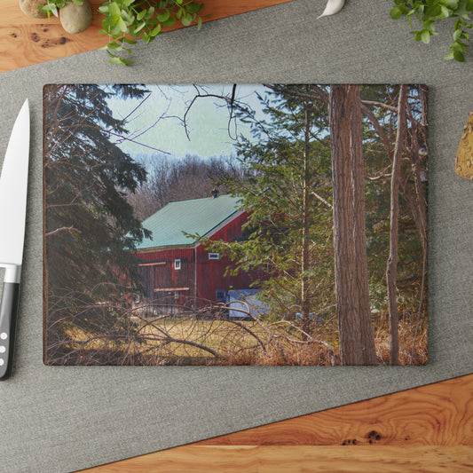 U R There Photography Bordman Road Hidden Red Rustic Farmhouse Tempered-Glass Cutting Board