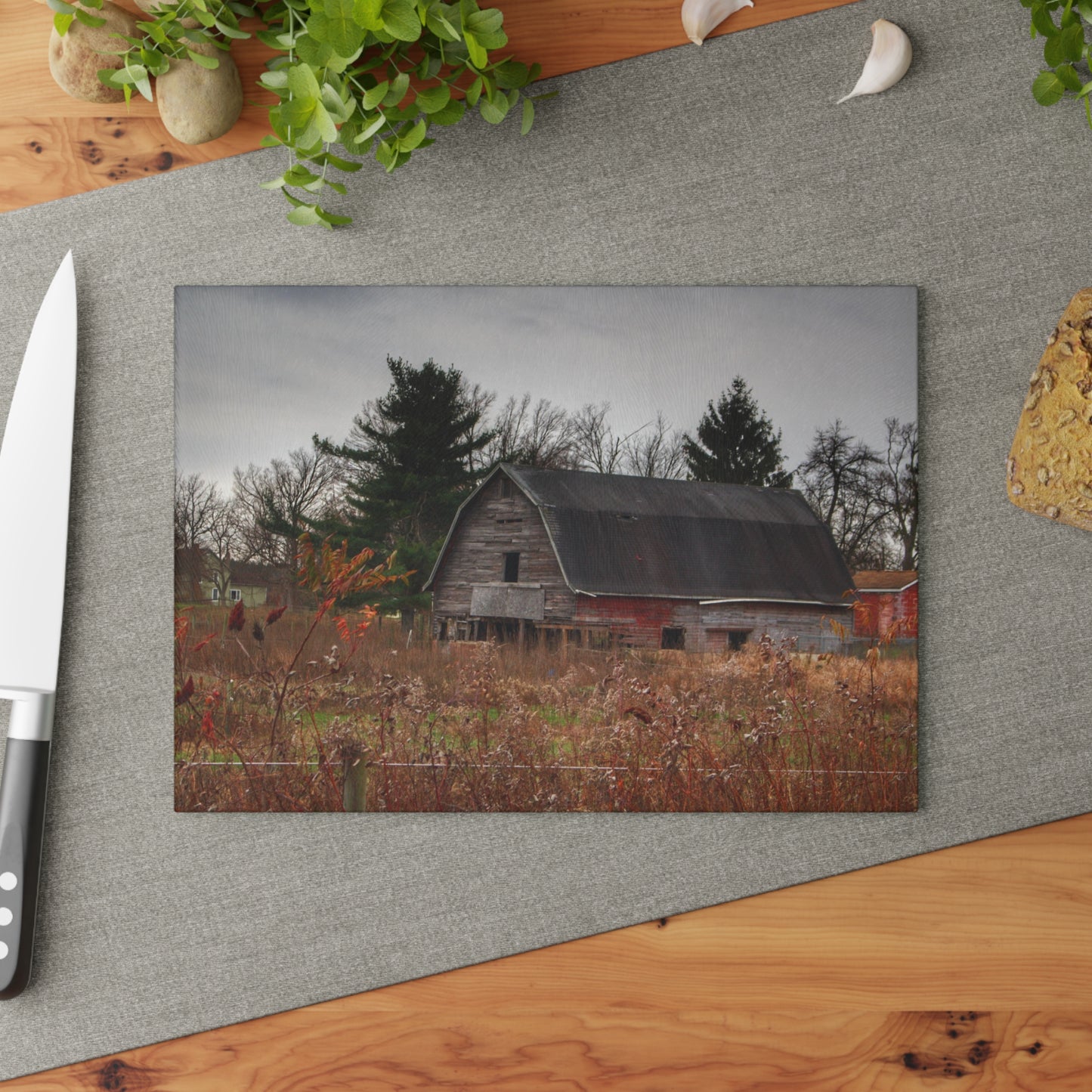 U R There Photography Field Grey and Little Red Rustic Farmhouse Tempered-Glass Cutting Board