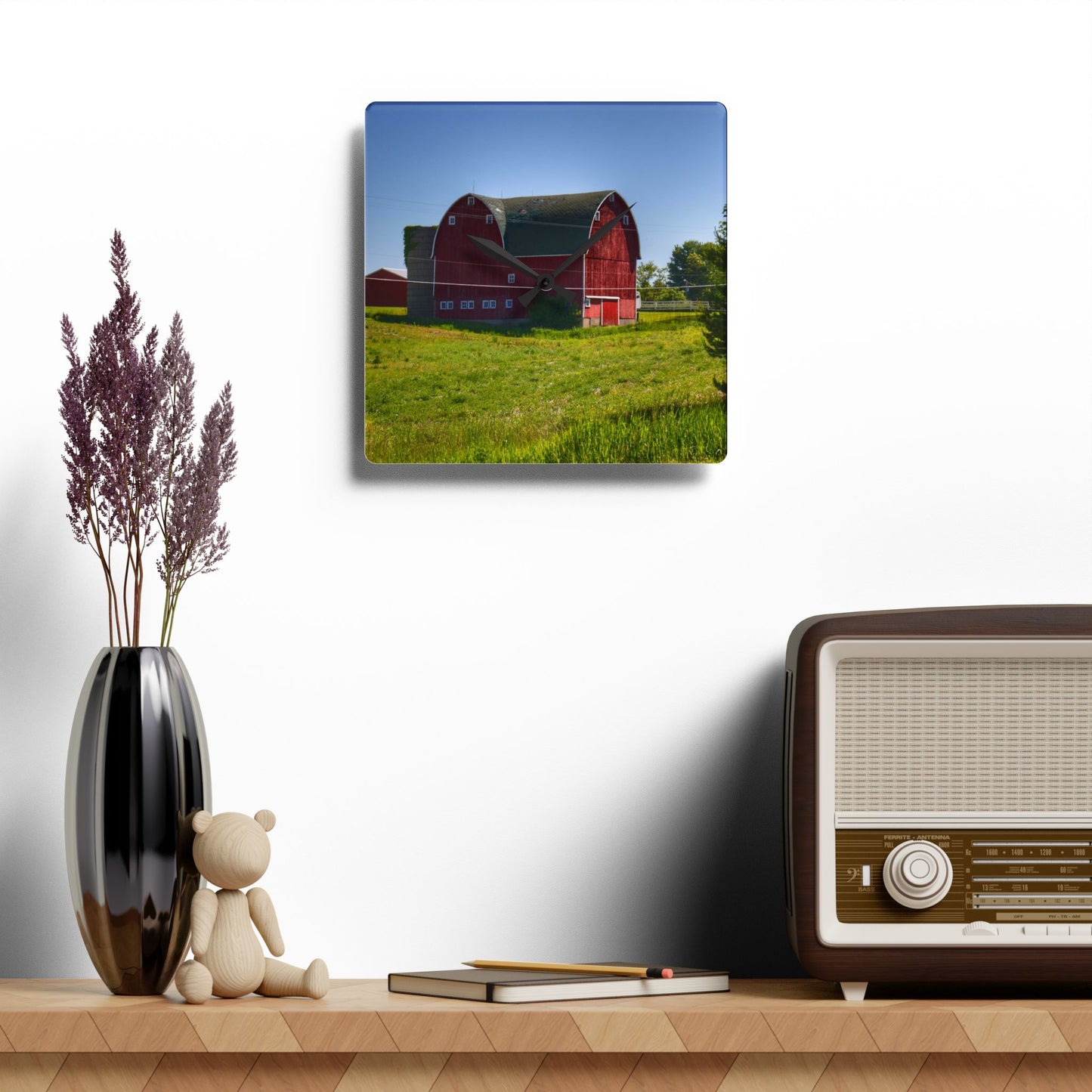 U R There Photography Hegal Road Red Rustic Farmhouse Acrylic Analog Wall Clock
