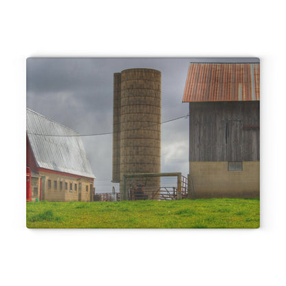 U R There Photography Clothier Road Grey and Silo Rustic Farmhouse Tempered-Glass Cutting Board