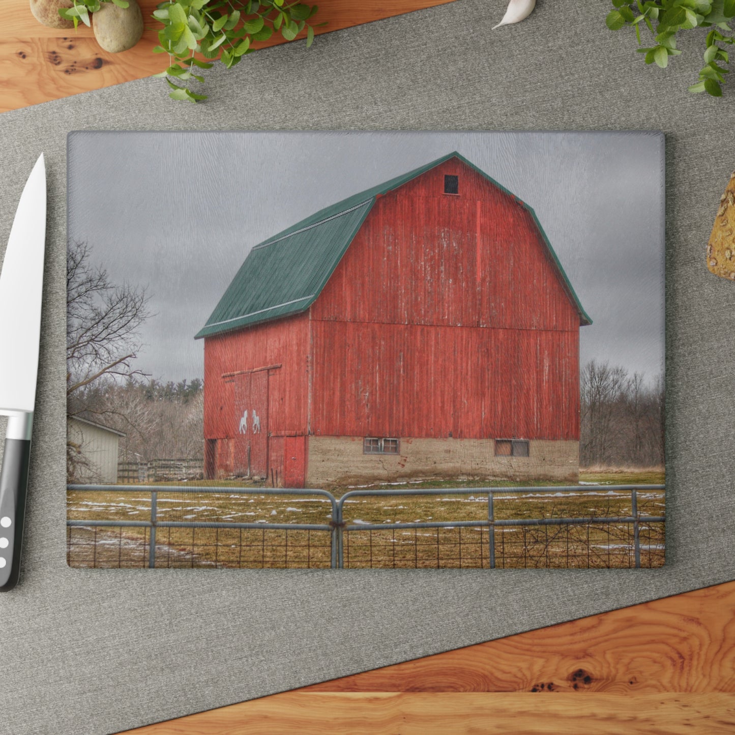 U R There Photography Lonsberry Red Rustic Farmhouse Tempered-Glass Cutting Board