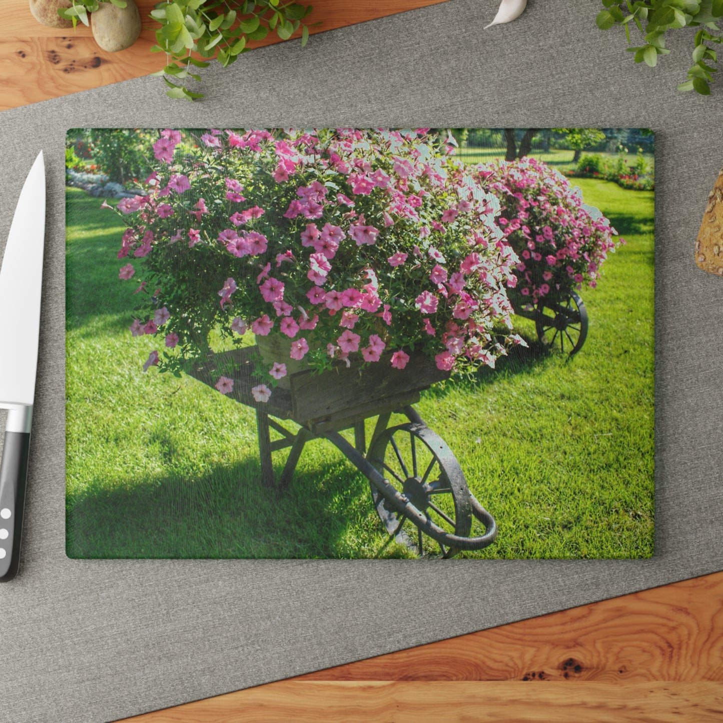 Barn Boutique Rustic Tempered-Glass Cutting Board| Wheelbarrow Full of Flowers