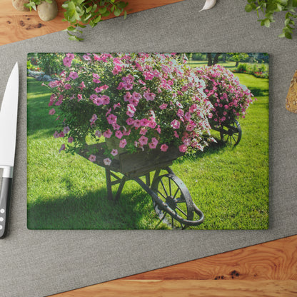 Barn Boutique Rustic Tempered-Glass Cutting Board| Wheelbarrow Full of Flowers