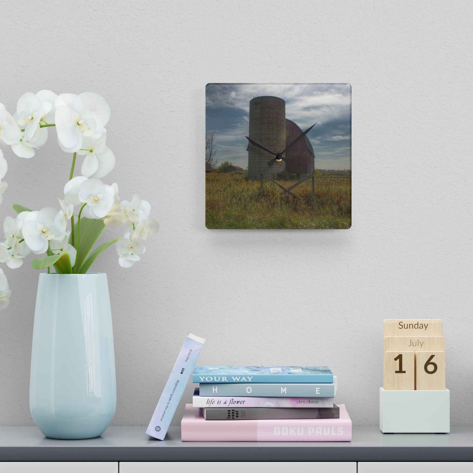 U R There Photography Mushroom Road Red II Rustic Farmhouse Acrylic Analog Wall Clock