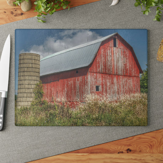 Barn Boutique Rustic Tempered-Glass Cutting Board| Columbiaville Red in Summer I