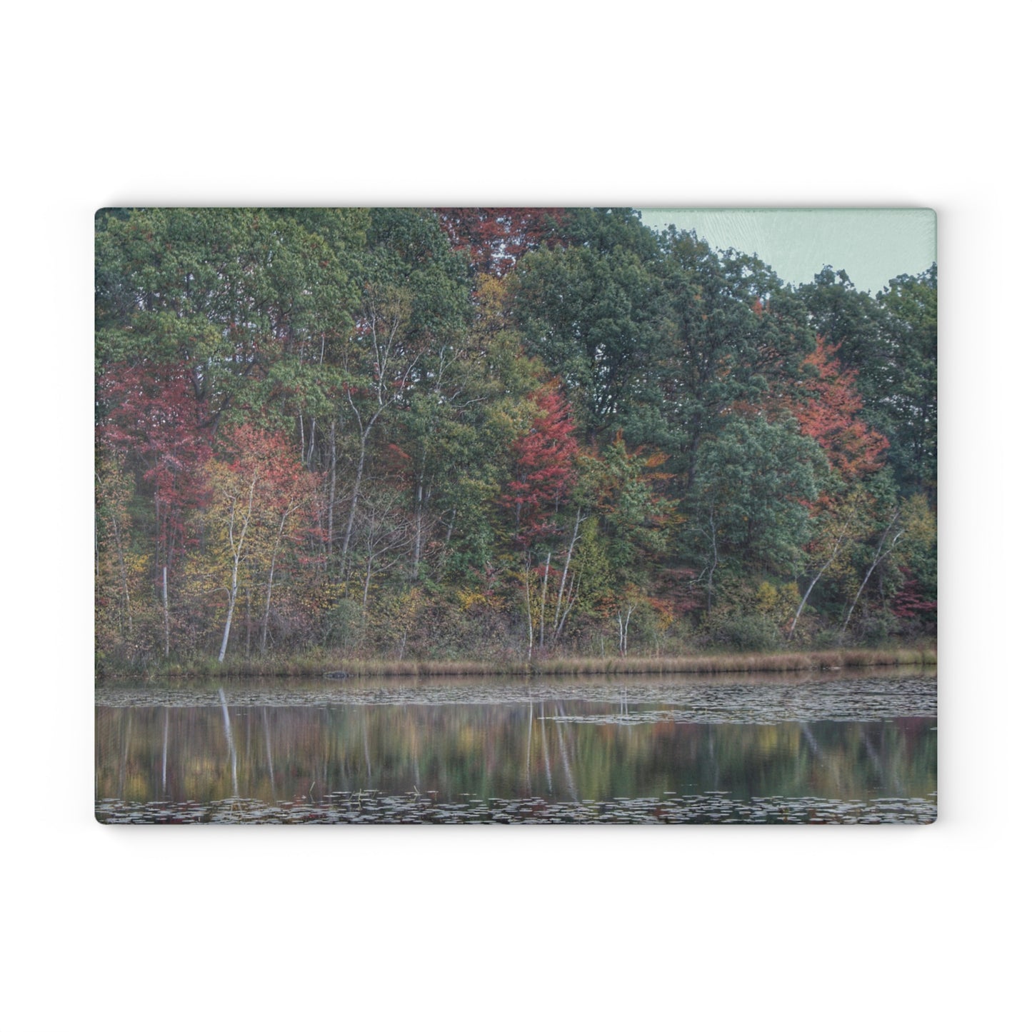 U R There Photography Fall on Murphy Lake IV Rustic Farmhouse Tempered-Glass Cutting Board