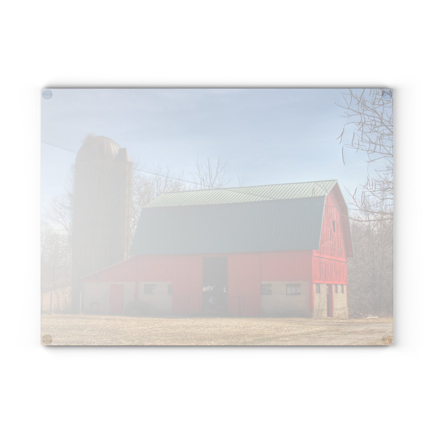 U R There Photography Wilson Road Red and Silo II Rustic Farmhouse Tempered-Glass Cutting Board