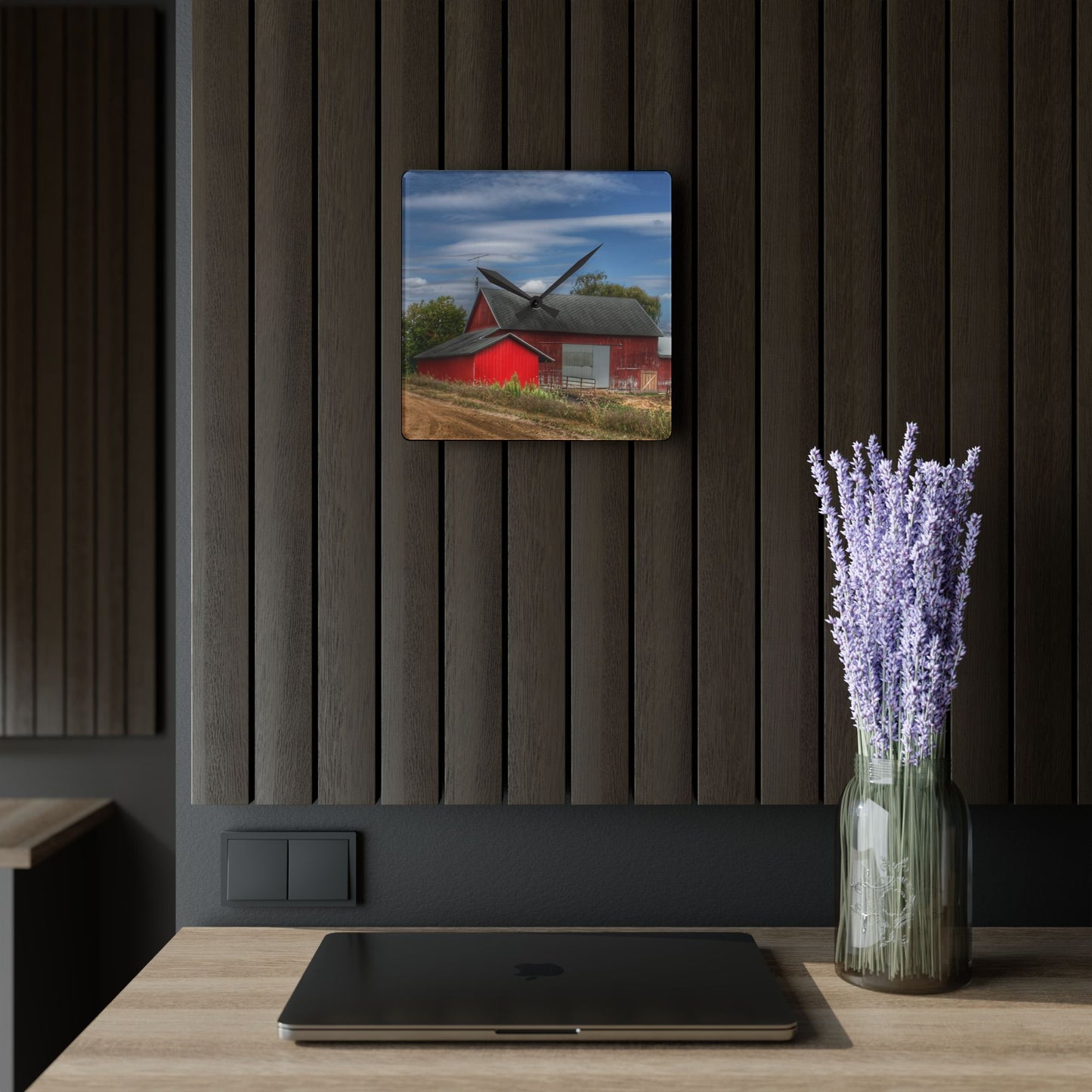 U R There Photography Wheeling Road Red Rustic Farmhouse Acrylic Analog Wall Clock