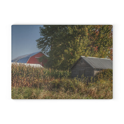 U R There Photography Barnes Road Hidden Red and Little Grey Rustic Farmhouse Tempered-Glass Cutting Board