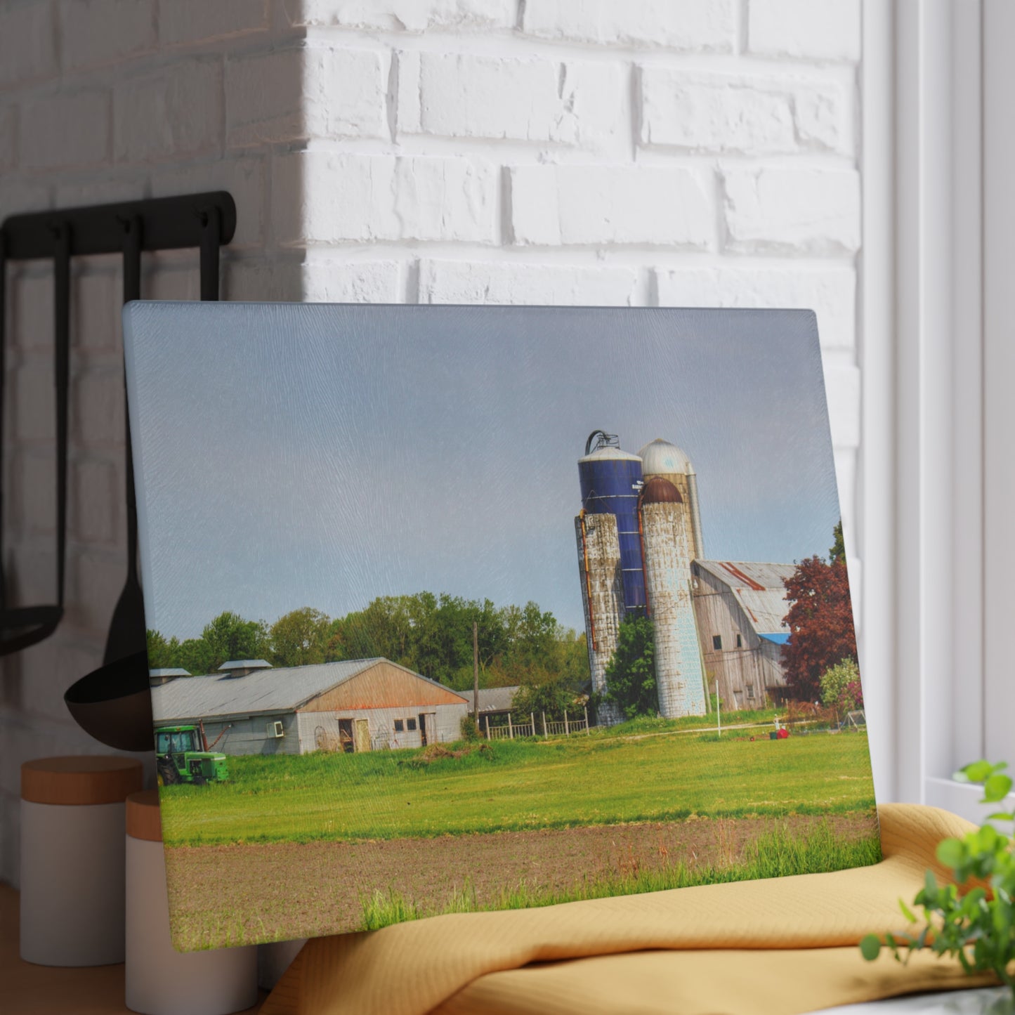 U R There Photography M-25 Old Grey and Silos Rustic Farmhouse Tempered-Glass Cutting Board