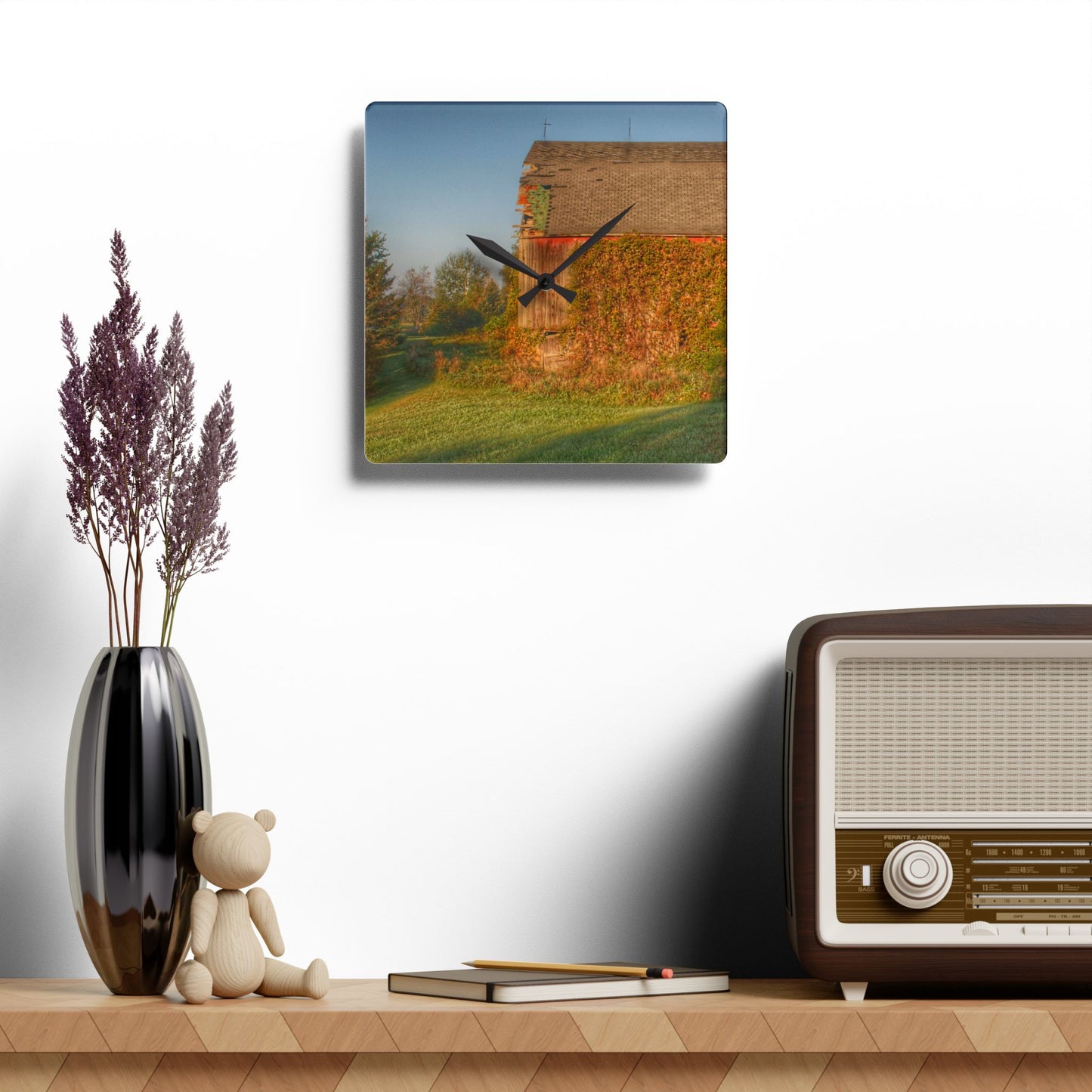 U R There Photography Bearanger Road Red Rustic Farmhouse Acrylic Analog Wall Clock