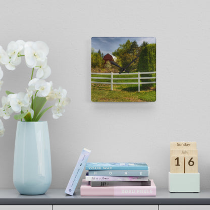 U R There Photography Sutton Road Red Beyond the Fence Rustic Farmhouse Acrylic Analog Wall Clock