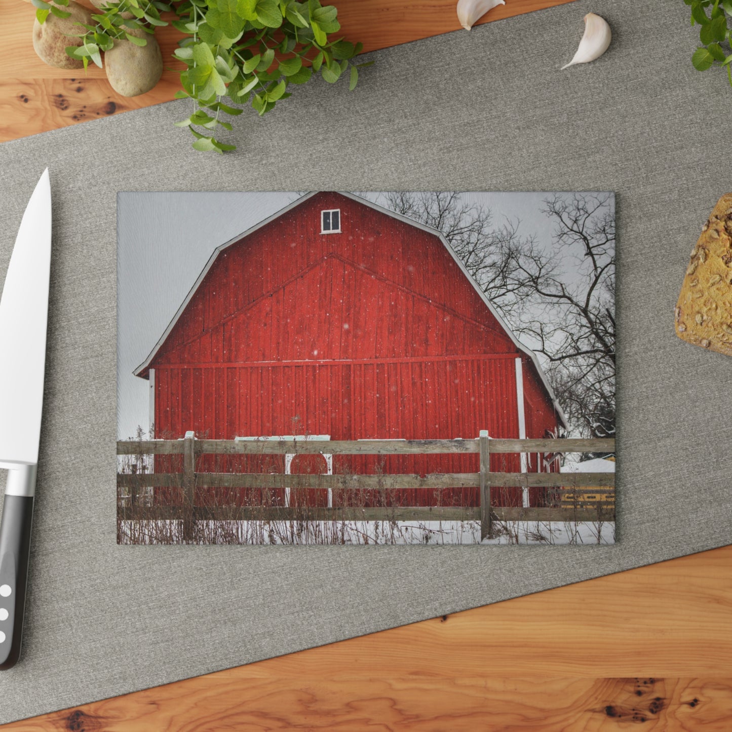 U R There Photography Big Red Beyond the Fence Rustic Farmhouse Tempered-Glass Cutting Board