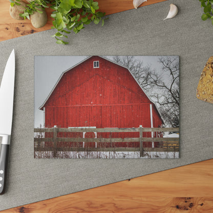 U R There Photography Big Red Beyond the Fence Rustic Farmhouse Tempered-Glass Cutting Board