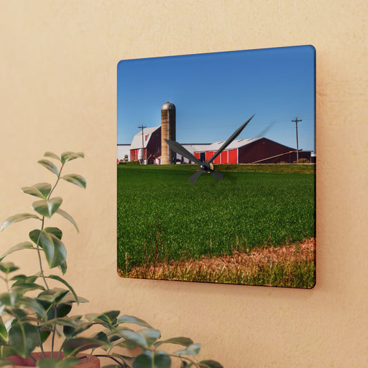 U R There Photography Pattison Road Farm Across the Field I Rustic Farmhouse Acrylic Analog Wall Clock