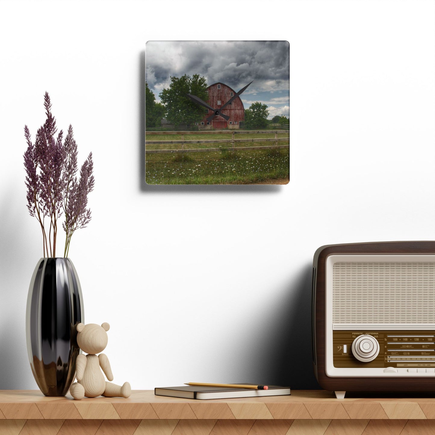 U R There Photography Elba Township Red Rustic Farmhouse Acrylic Analog Wall Clock