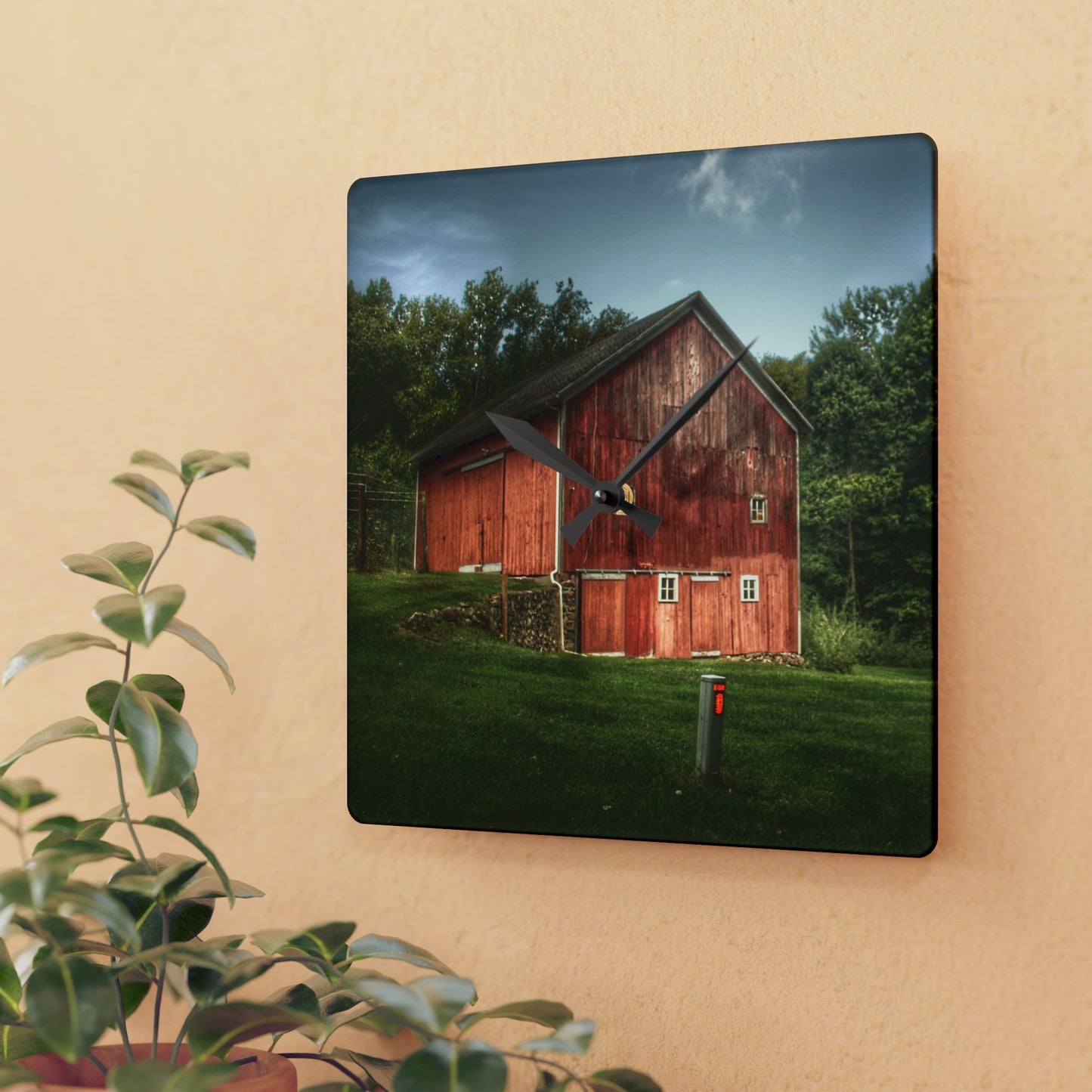U R There Photography Buckhorn Lake Road Red Rustic Farmhouse Acrylic Analog Wall Clock