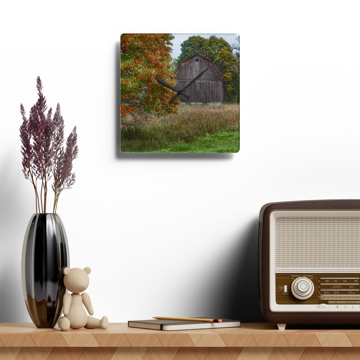 U R There Photography Mount Morris Road Grey in the Fall Rustic Farmhouse Acrylic Analog Wall Clock