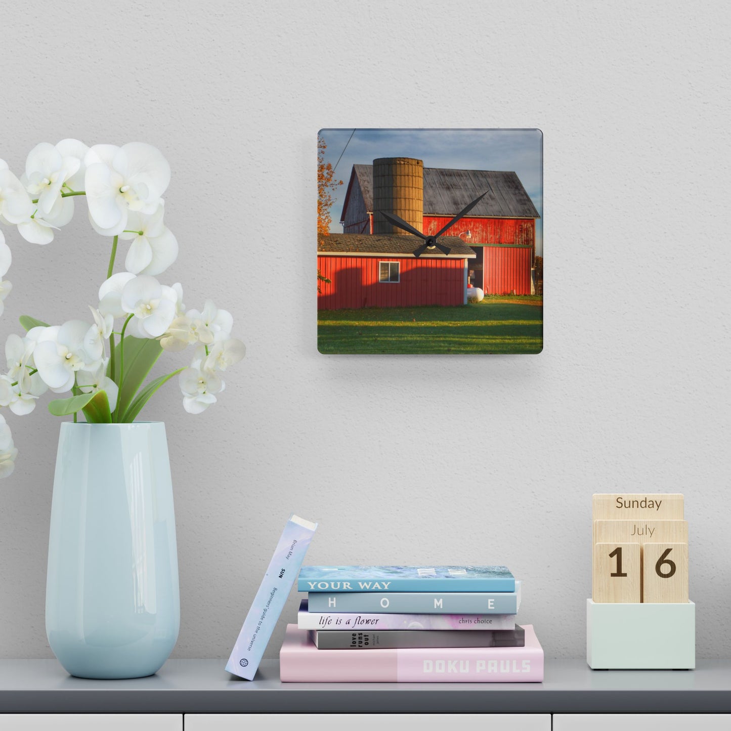 U R There Photography Peck Road Reds Rustic Farmhouse Acrylic Analog Wall Clock