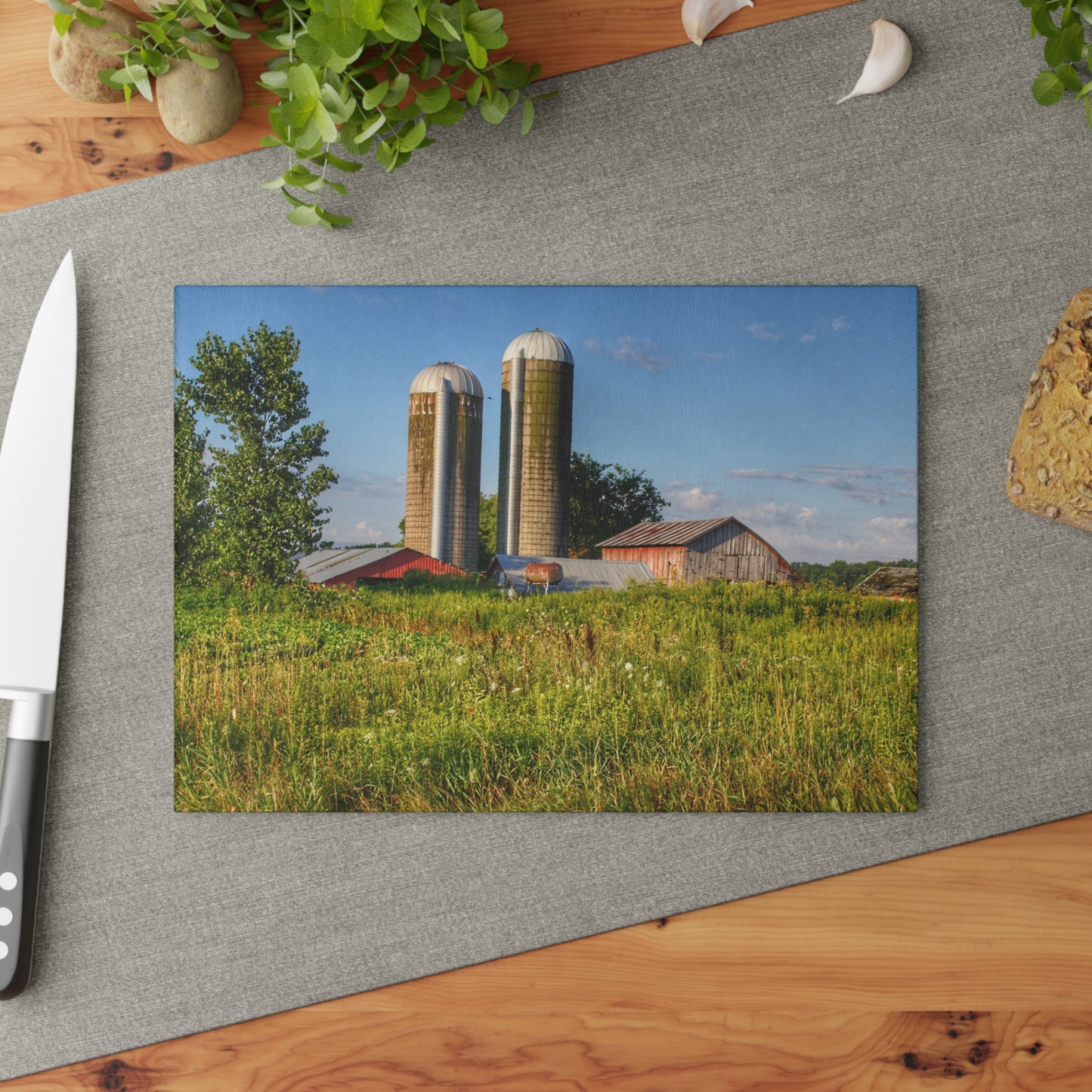 U R There Photography Morrish Road Silos II Rustic Farmhouse Tempered-Glass Cutting Board