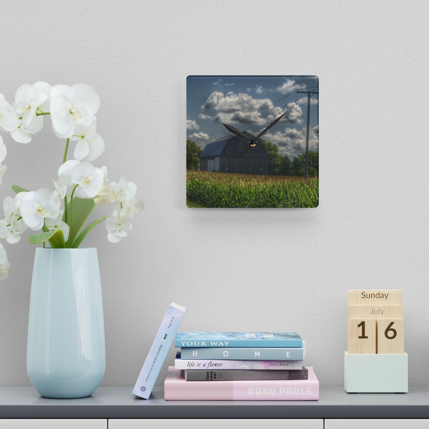 U R There Photography Grey Barn in a Cornfield Rustic Farmhouse Acrylic Analog Wall Clock
