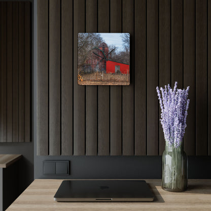 U R There Photography Bray Road Hidden Barnyard Red I Rustic Farmhouse Acrylic Analog Wall Clock