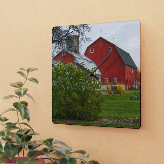 U R There Photography Potters Road Reds Rustic Farmhouse Acrylic Analog Wall Clock