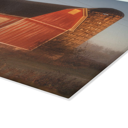 U R There Photography Klam Road Red Meets Foggy Sunrise II Rustic Farmhouse Tempered-Glass Cutting Board