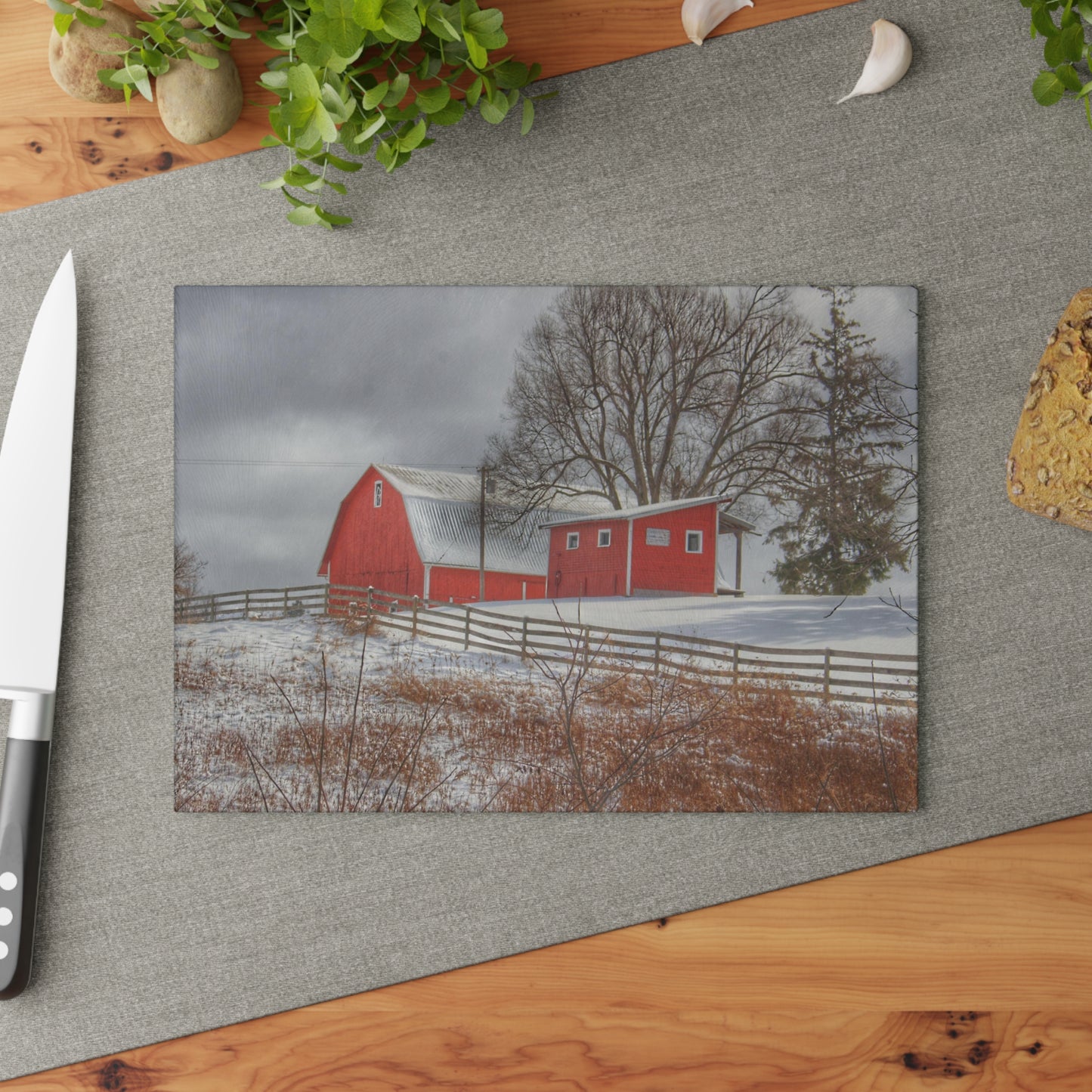 U R There Photography Catlin Red and Fence II Rustic Farmhouse Tempered-Glass Cutting Board