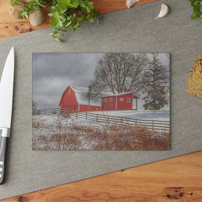 U R There Photography Catlin Red and Fence II Rustic Farmhouse Tempered-Glass Cutting Board