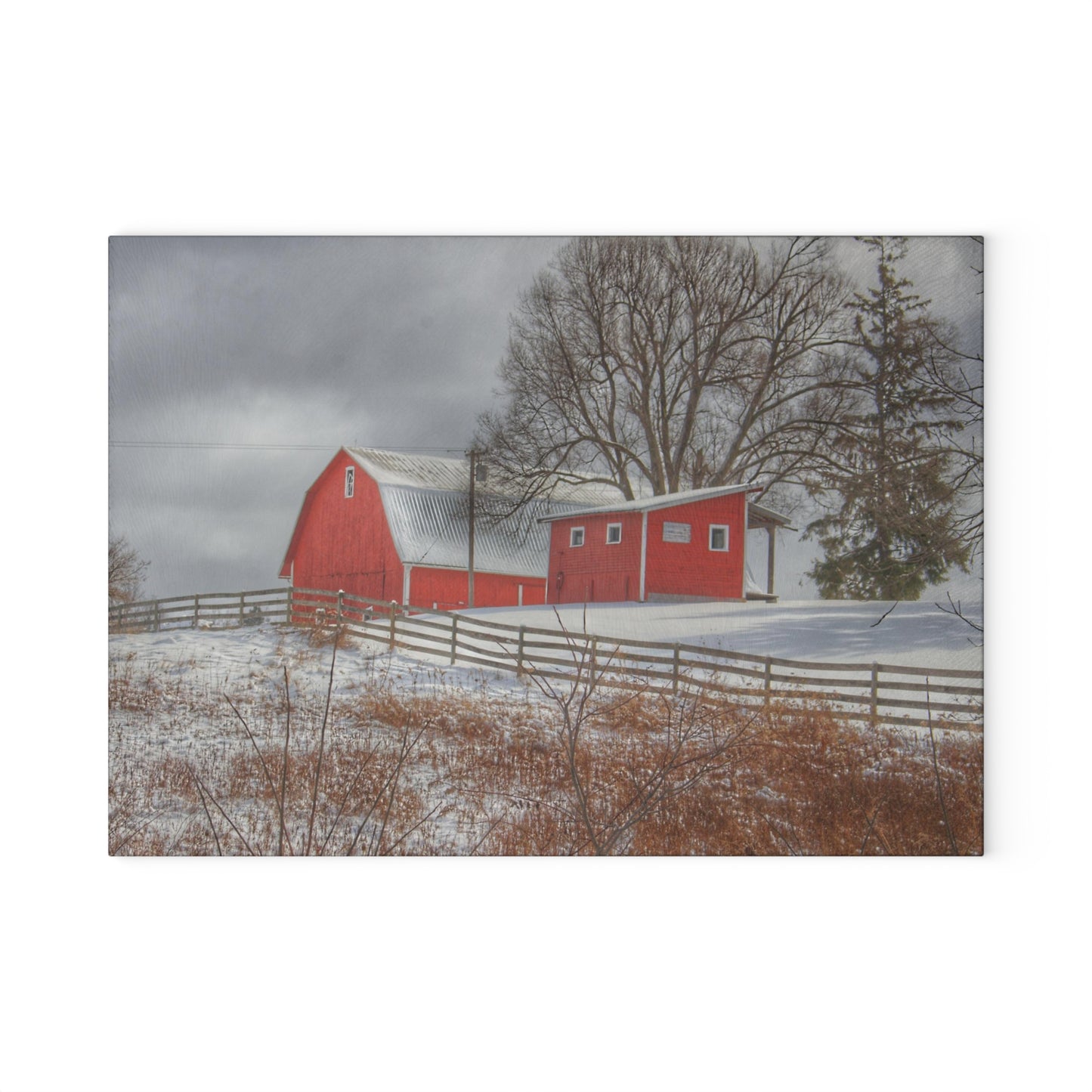 U R There Photography Catlin Red and Fence II Rustic Farmhouse Tempered-Glass Cutting Board
