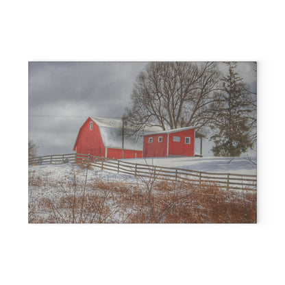U R There Photography Catlin Red and Fence II Rustic Farmhouse Tempered-Glass Cutting Board