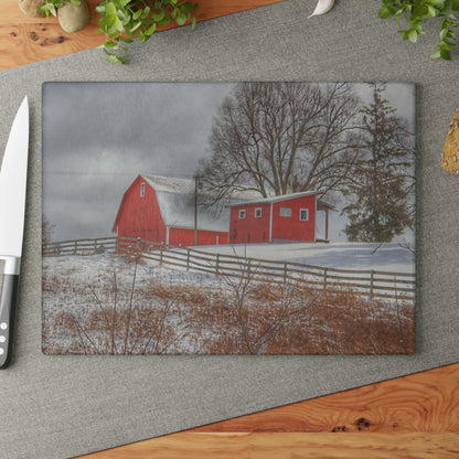 U R There Photography Catlin Red and Fence II Rustic Farmhouse Tempered-Glass Cutting Board