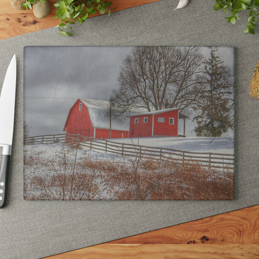 U R There Photography Catlin Red and Fence II Rustic Farmhouse Tempered-Glass Cutting Board