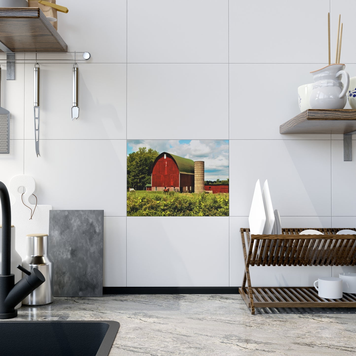 U R There Photography Elmwood Road Red and Horses Rustic Farmhouse Decorative Ceramic Tile