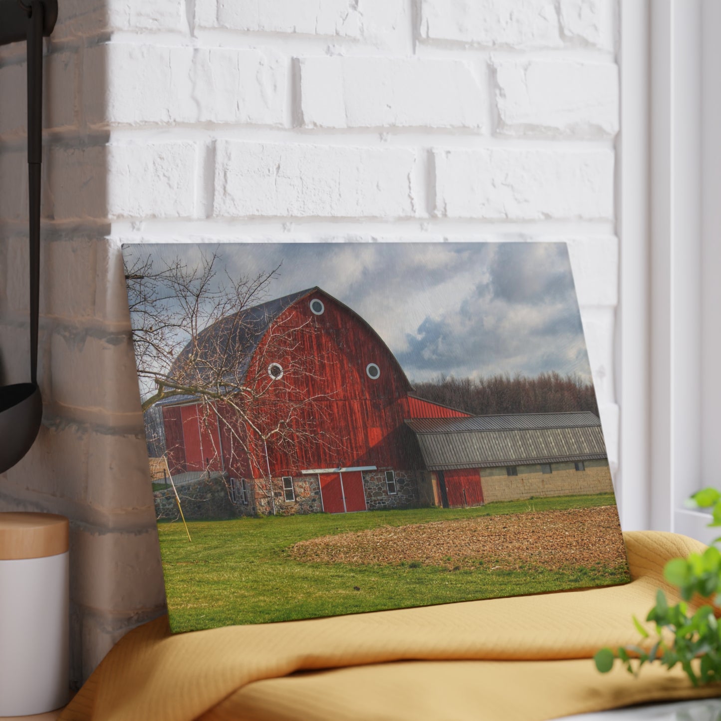 U R There Photography Clear Lake Road Fieldstone Red Rustic Farmhouse Tempered-Glass Cutting Board