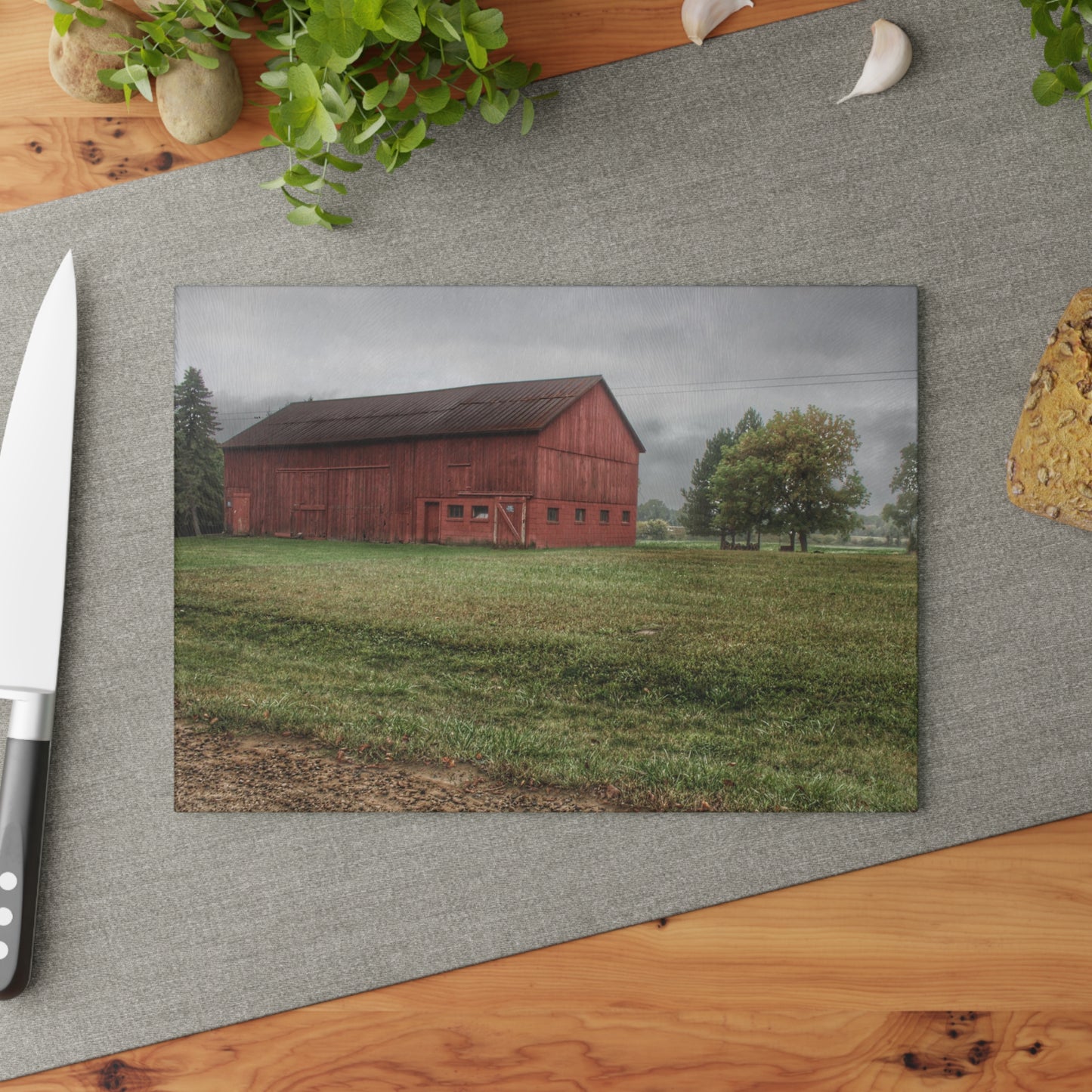 U R There Photography Birch Road Red Rustic Farmhouse Tempered-Glass Cutting Board