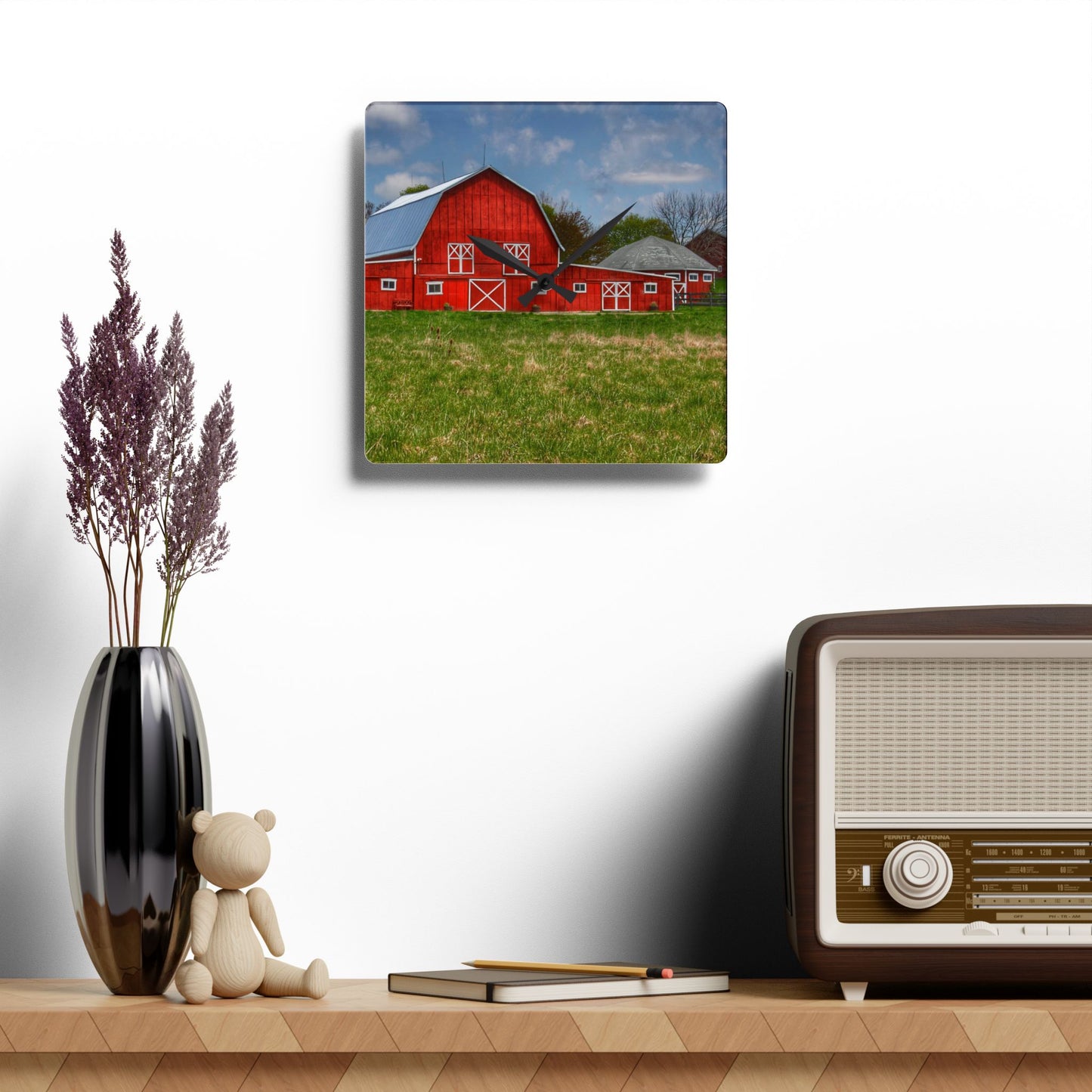 U R There Photography Delano Road Reds I Rustic Farmhouse Acrylic Analog Wall Clock