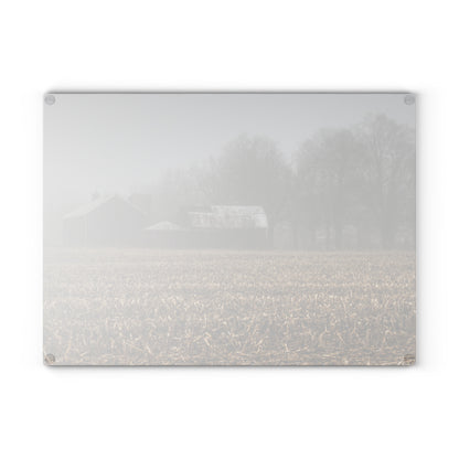 U R There Photography Farm in the Fog on Barnes Road Rustic Farmhouse Tempered-Glass Cutting Board