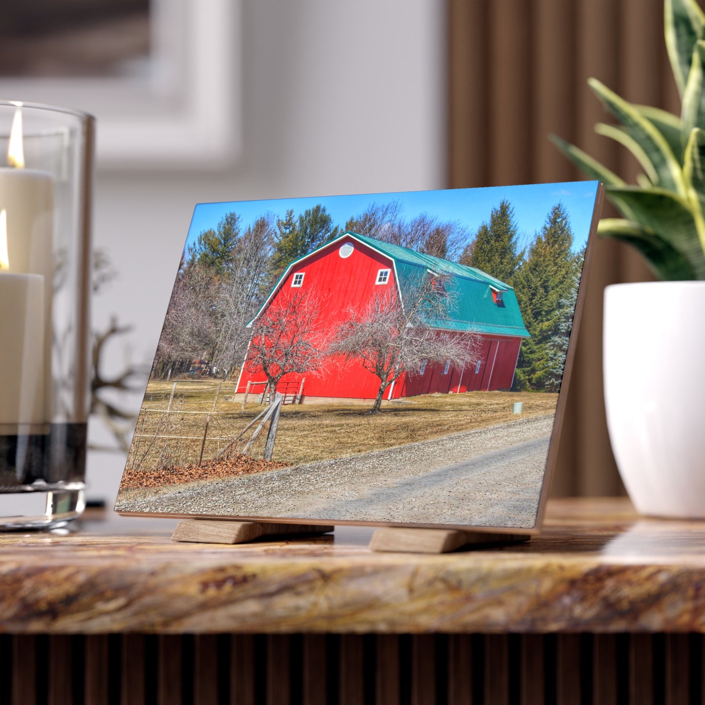 U R There Photography Campground Road Red Rustic Farmhouse Decorative Ceramic Tile