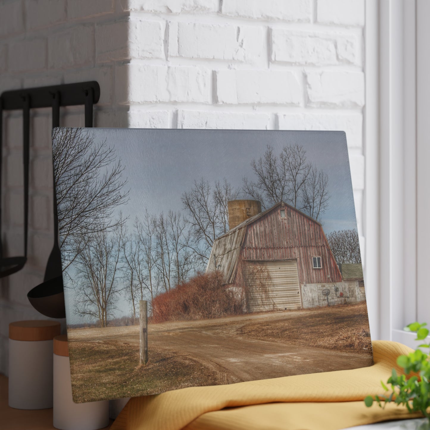 U R There Photography Maple Valley Road Red I Rustic Farmhouse Tempered-Glass Cutting Board